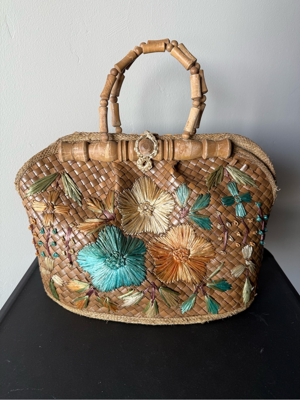 1960s Floral Raffia Woven Straw handbag
